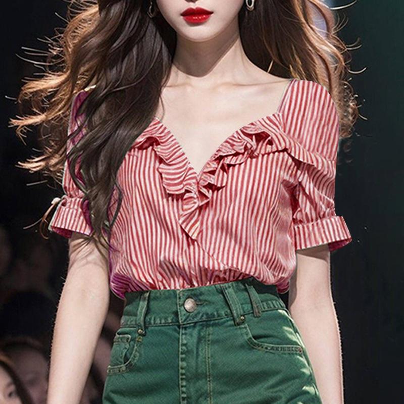 VONDA Женские летние повседневные футболки с оборками и V-образным вырезом с коротким рукавом в полоску