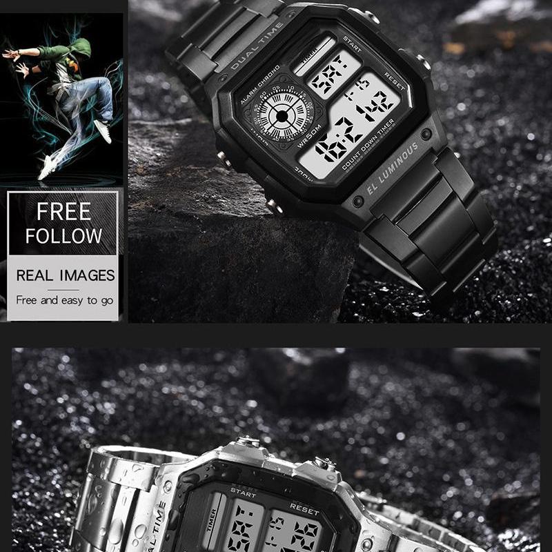 Наручные часы из нержавеющей стали, мужские цифровые спортивные часы с квадратным лицом и будильником, секундомер