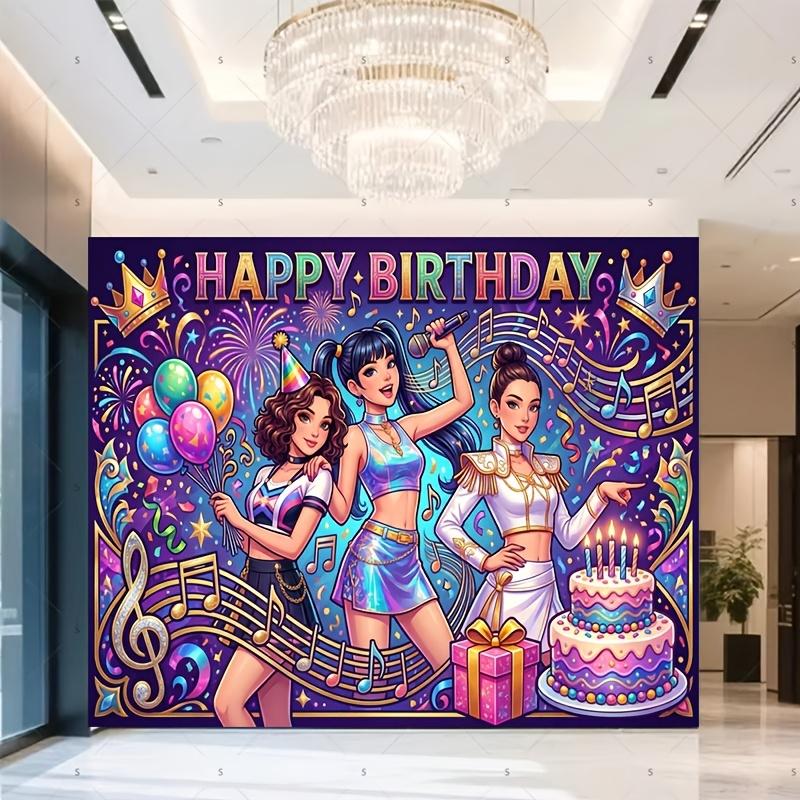 Vibrant Musical Celebration Scene with Three Stylish Dancers, Colorful Balloons, Treble Clefs and Lit Birthday Cake, Birthday Parties