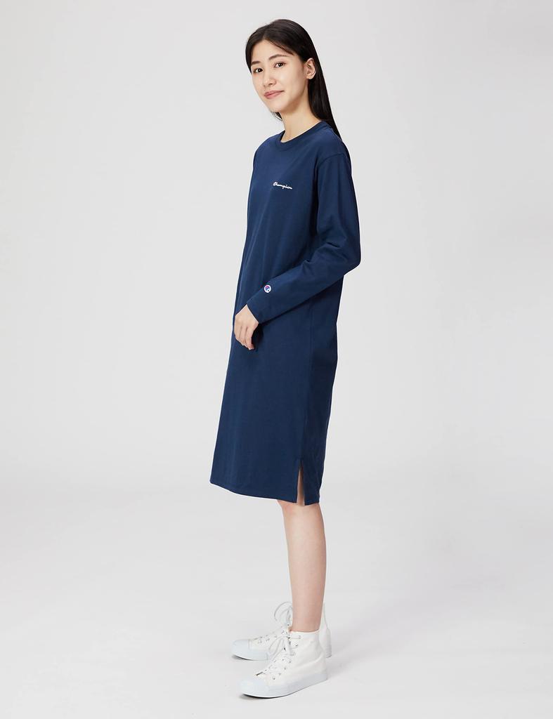 One Piece Long Sleeve Round Neck Cotton Script Logo One Piece Dress Navy M [Champion] 100% CW-W401 Women's