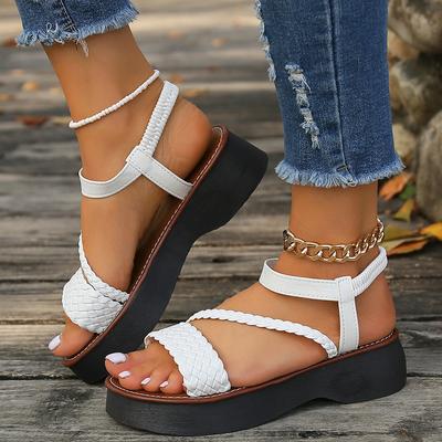 Мода Модные белые плетеные сандалии на платформе для женщин, лето 2024, резинка сзади, толстая подошва, пляжные сандалии, женская обувь, размер плюс 43