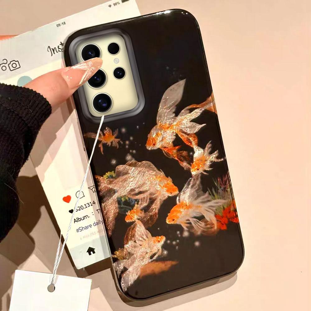 For Samsung Galaxy S25 Edge S24 S23 S22 S21 S20 FE Plus 5G Ultra Koi Goldfish Sparkle Black Glossy Women Girls Bumper Phone Case
