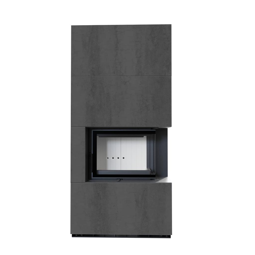 Modular Fireplace KRATKI FLOKI BOX Right 8 kW Ø 160 Quartz Sinter NATURALI PIETRA DI SAVOIA ANTRANCITE BOCCIARDATA