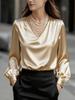 Женская блузка из атласа в французском стиле с V-образным вырезом и пышными рукавами - Элегантный однотонный топ