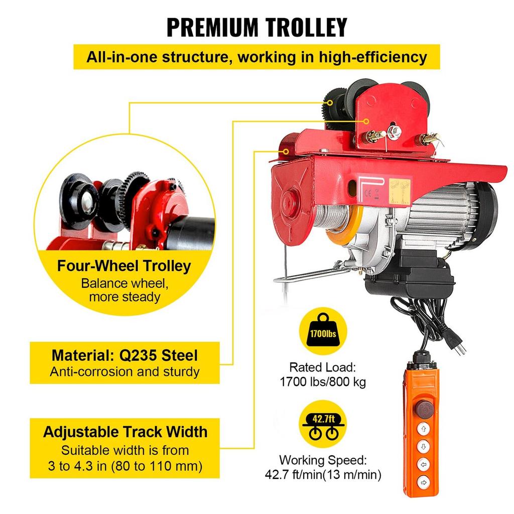 800Kg/1700Lbs Electric Trolley Hoist 1300W Electric Hoist Winch Double 12M/40Ft , Electric Hoist Electric Forklift Steel Pallet Holder Lever Garage