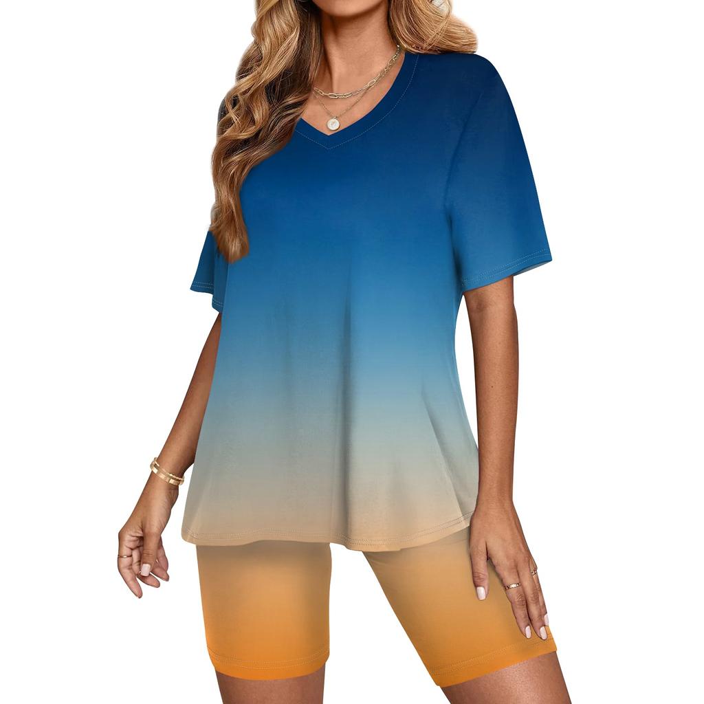 Женский топ с v-образным вырезом и короткими рукавами с градиентным принтом и шорты с принтом, комплект из двух предметов