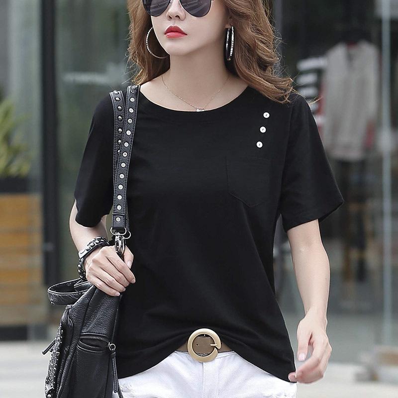 Летние женские футболки, свободные футболки с короткими рукавами, белая женская футболка с одним карманом, женская одежда, однотонные блузы