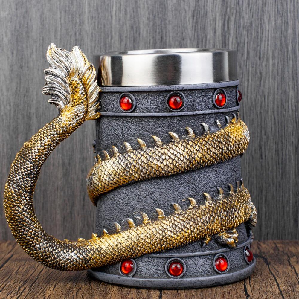 Кружка для пива Dragon Coil из 3D смолы, нержавеющая сталь с ручкой в виде хвоста дракона, красное золото, чашка для кофе и вина в виде дракона, Святой Грааль, рождественский подарок