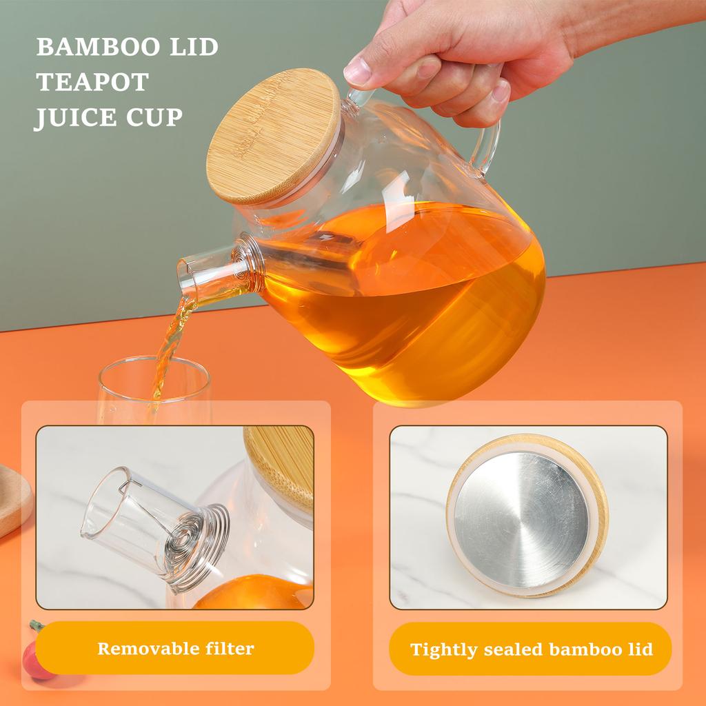 Glass Pitcher with Bamboo Lid 1800ml Glass Water Pitcher Multifunctional Heat Resistant Glass Jug with Handle for Hot Cold Tea
