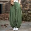 Women Vintage Ramie Wide Leg Pants Solid Color Elastic Waist Trouser Spring Patchwork Loose Women Pants