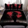 Japanese Samurai Bedding Set, Japan Sunset Landscape Building Silhouette Duvet Cover For Men Teens, Black Red
