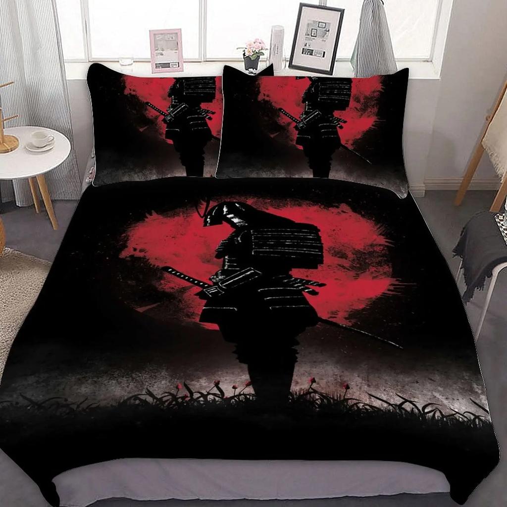 Japanese Samurai Bedding Set, Japan Sunset Landscape Building Silhouette Duvet Cover For Men Teens, Black Red