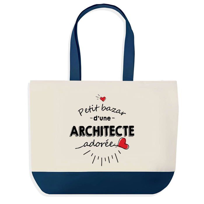 Sac shopping - PLANETEE - Fond bleu Bazar d'une Architecte adorée - Coton - 40 x 45 cm - Fabriqué en France