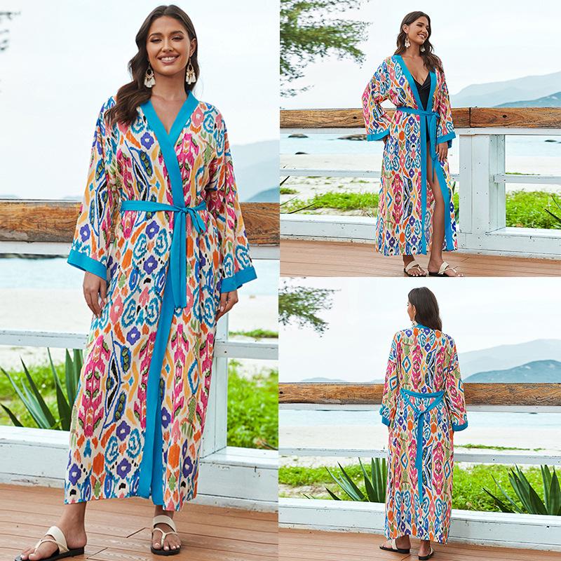 Европейско-американская пляжная накидка тай-дай: Кардиган средней длины из вискозы для защиты от солнца для женского отпускного ношения с бикини
