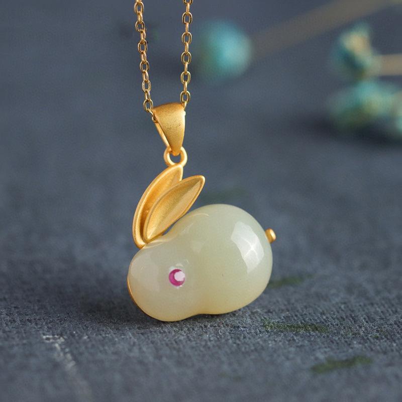Jade Rabbit Set Imitation Natural Hetian Jade Ring, Ancient Gold Inlaid Chalcedony Rabbit Necklace Cute Rabbit Stud Earrings Pendant