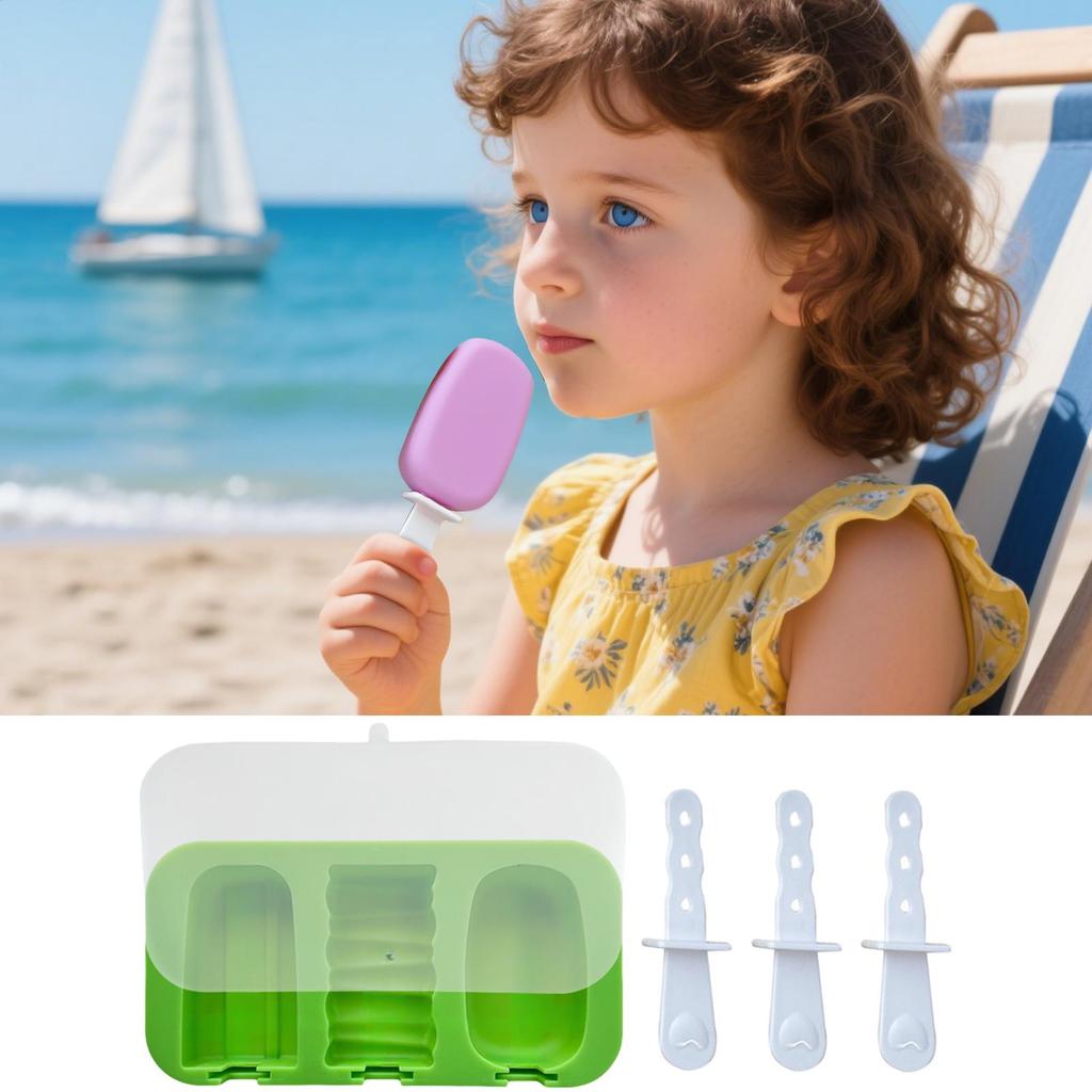 Homemade Ice Lolly Moulds 3-Cavity Ice Cream Mold Food Grade Silicone Ice Lattice Freezer Sticks Mould for Home Kitchen