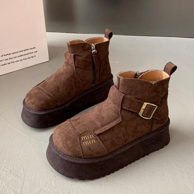 Замшевые женские ботильоны на платформе, теплые хлопковые зимние туфли на высоком каблуке, женская брендовая обувь 2025 года, тренд, зимние, удобные, повседневные, женские ботинки