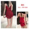 Sexy hollow lace suspender shorts pajama set with chest pad ice silk satin loungewear private room pajamas women's summer