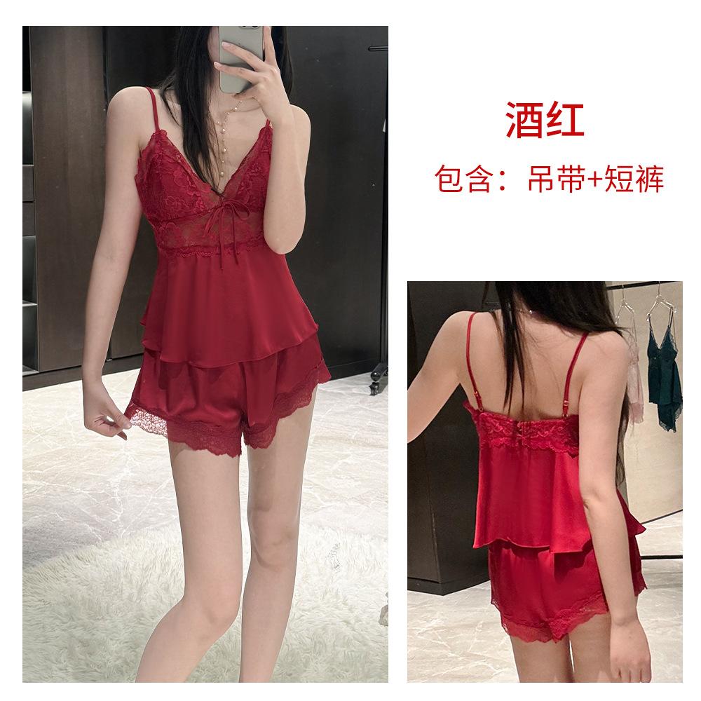 Sexy hollow lace suspender shorts pajama set with chest pad ice silk satin loungewear private room pajamas women's summer