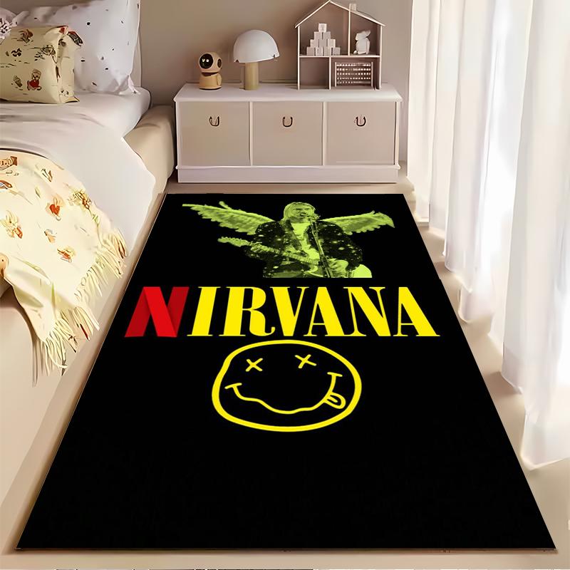 Rock Music Area Rug, Nirvana Kurt Cobain Angel Wings Guitar Yellow Smiley Black Print, Man Cave Decor, Non-Slip Mat