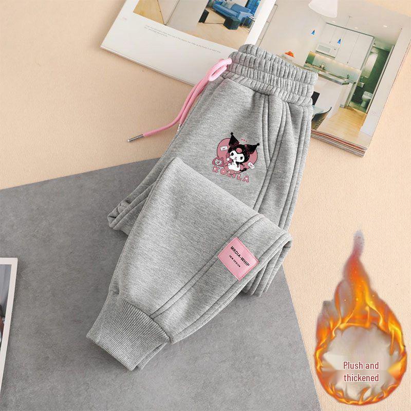 Куроми Девичьи флисовые спортивные штаны - Мультяшный принт, Теплые и толстые, С манжетами для весны/осени