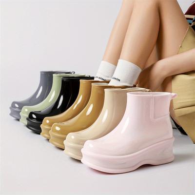 Стильные женские уличные дождевые сапоги в японско-корейском стиле - Верх из высококачественного нескользящего ПВХ, амортизирующая стелька из ЭВА и тканевая подкладка, дизайн с круглым носком