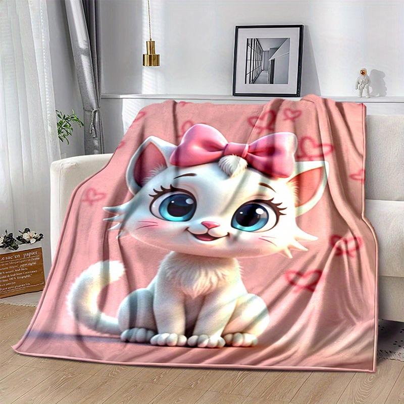 1pc Cute Cartoon Cat with Pink Bowknot Blankets, Cartoon Blanket, for Decorating Your Own Sofa and Living Room, Super Soft Flannel, for All