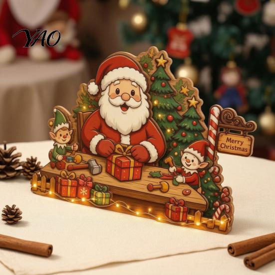 Rustic Holiday Table Centerpieces Christmas Wooden House Ornament, Santa Claus/Snowman/Elk Sleds/Winter Cabins Sturdy Wood Snowman Ornament