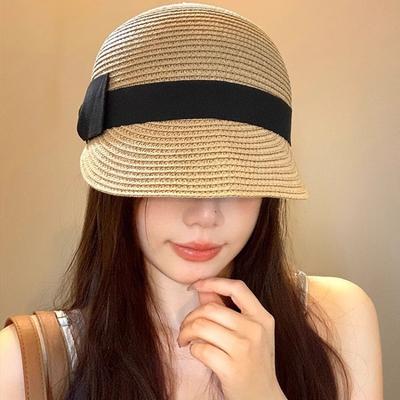Лицо маленький уменьшающий возраст бант купол соломенная шляпа женская летняя плетеная соломенная шляпа защита от солнца тень жокейская шляпа
