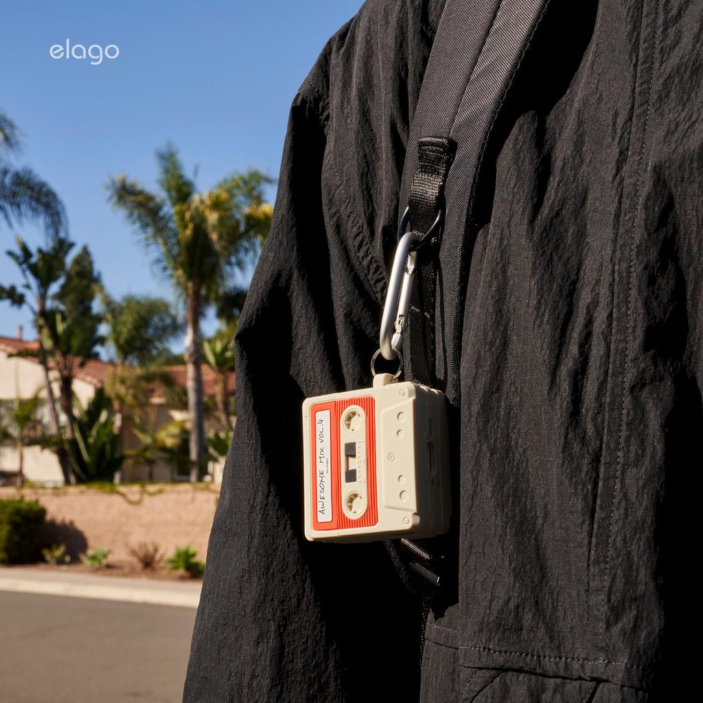 AirPods 4 Мягкий силикон с кассетной лентой Совместимый с беспроводной зарядкой 4-е поколение Кассетная лента Подвеска Классический белый красный [elago] Чехол, Ударопрочный,