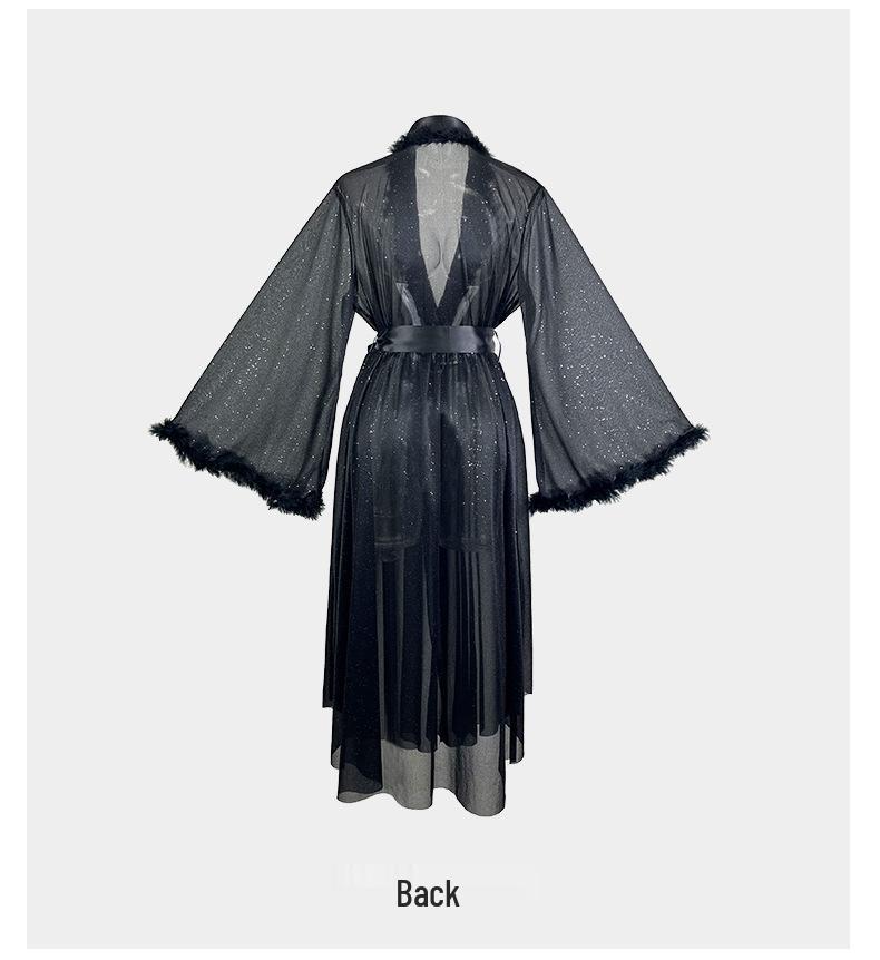 Женский пижамный набор Fiyun из серебристого шелка и халат - Легкая роскошь, Длинный рукав, Пушистый, Охлаждающий на ощупь, Домашняя одежда