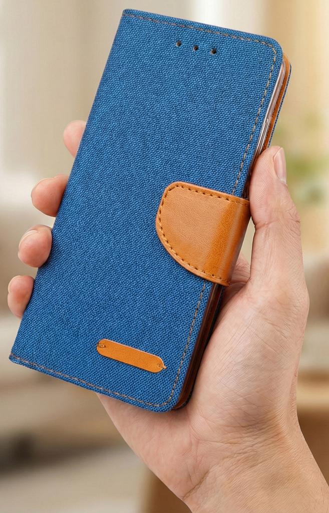 Etui Typu Portfel Do Xiaomi Redmi Note 15 Pro+ Plus 5G - Niebieski Pokrowiec Canvas + Szkło
