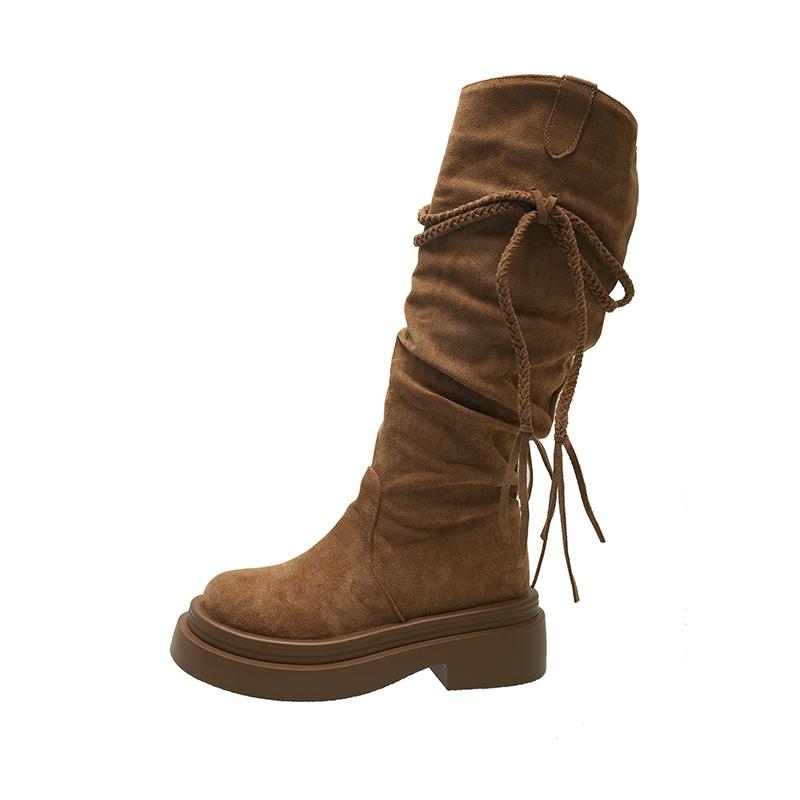 Обувь для женщин 2024 года, женские сапоги до колена, современные сапоги на платформе, женские туфли с круглым носком, с бахромой и косами, на квадратном каблуке, женские