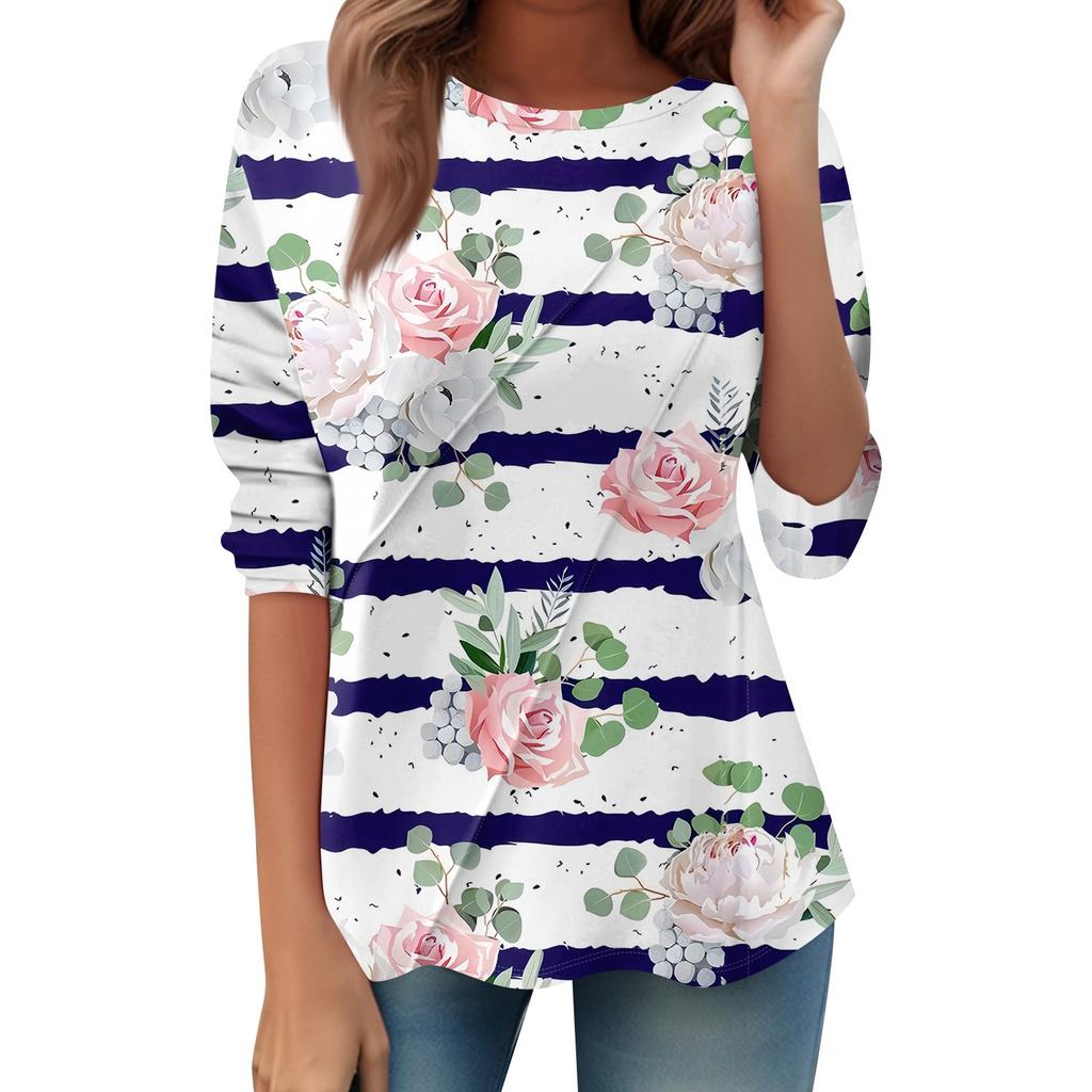 Women's Loose Casual Long Sleeve Top Round Neck Button Pull Stripe Prints T Shirt