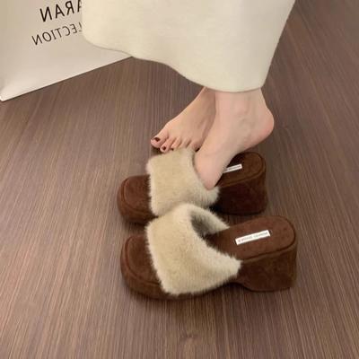 Интернет-знаменитость фея ветер леопардовый принт норковый мех тапочки на одной подошве волосатые туфли женская верхняя одежда толстая подошва на танкетке домашние хлопковые тапочки