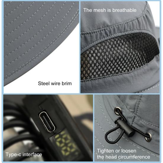 Широкополая шляпа-веер с солнечной батареей для мужчин и женщин, защита от ультрафиолета, уличное панама с 2 встроенными вентиляторами для пешего туризма, кемпинга, рыбалки