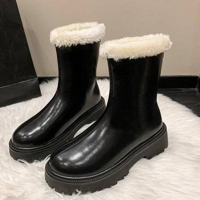 Женские зимние плюшевые бархатные сапоги матовые на массивном низком каблуке с круглым носком женские сапоги до колена с задней молнией женские теплые длинные ботинки