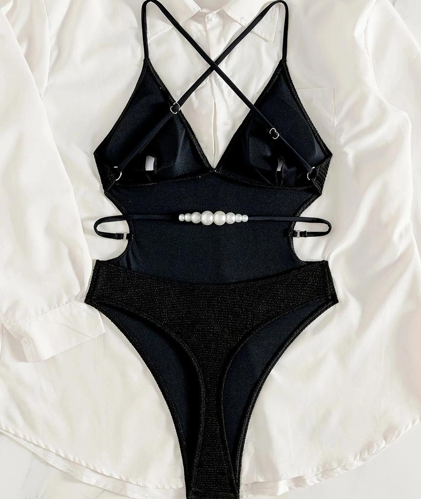 Женский купальник Модный Сексуальный Черный Слитный С V-образным вырезом С открытой спиной Бикини Пляжная одежда