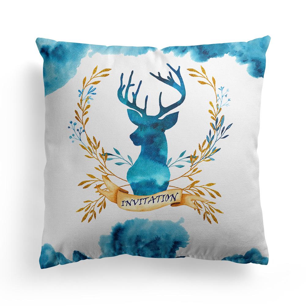 New Christmas Blue Watercolor Elk Pillow Cover  Decoration Holiday Gift Sofa Cushion  Bedroom Room Home