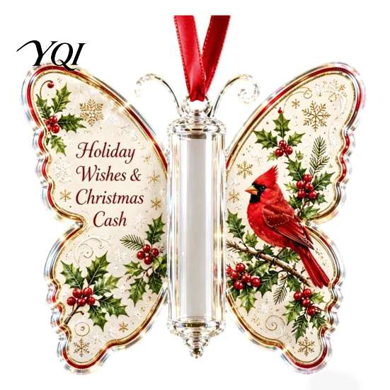Acrylic Cash Display Christmas Gift Ornament, Butterfly Money Holder with Built?in Santa Claus Ornament Clear Compartment, Holiday Hanging for Tree,