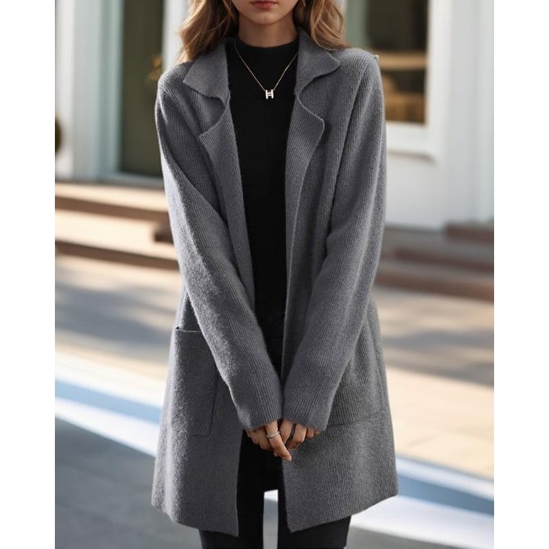 Tooxika Women's Autumn And Winter New Style Lapel Solid Color Long Sleeve Knitted Cardigan Loose Pocket Sweater Jacket Female