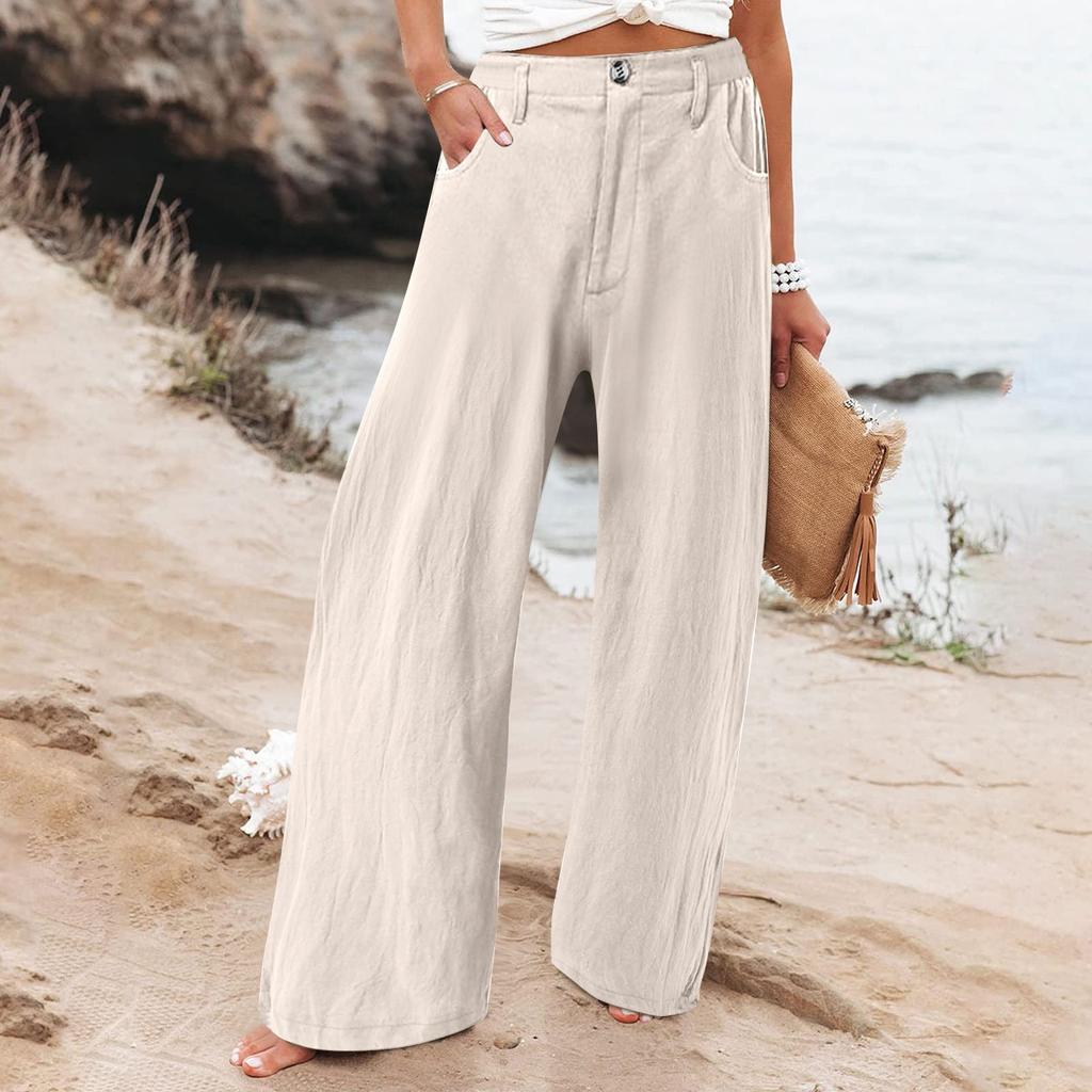 Summer Cotton Linen Wide Leg Pants Women Loose Palazzo Pant Pocket Elastic Waist Button Casual Pants
