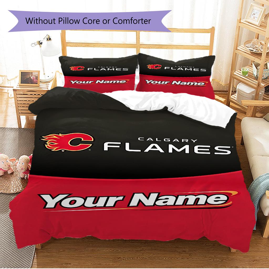 Name Custom Calgary Flames Art Pattern Bedding Set Quilt Cover Pillowcase Home Decor Gift (1 * duvet cover + 2 * pillowcase, without core)