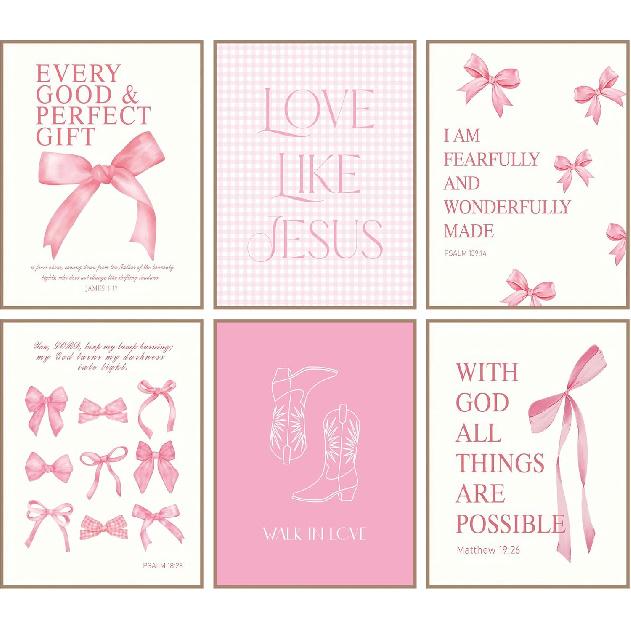 VejiA Pink Bow Wall Art Print, Decorative Poster for Girls Room, Bedroom Aesthetic Decor (Pink 8x10x6 Unframed)