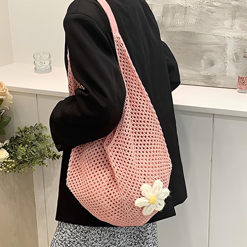 Women'S Braided Bag Korean Style Shoulder Tote Bag Lazy Style Knitted Hollow Flower Beach Bag