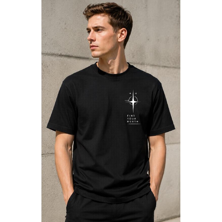 Men's black short sleeve t-shirt with crew neck, soft cotton blend, minimalist compass graphic and 'find your north' text, relaxed fit for casual