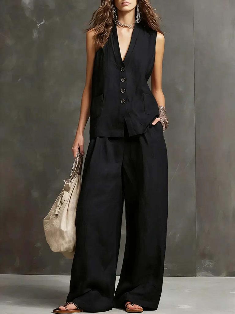 2026 European and American cross-border Amazon new women's sleeveless vest vest wide-leg pants cotton and linen two-piece women's clothing