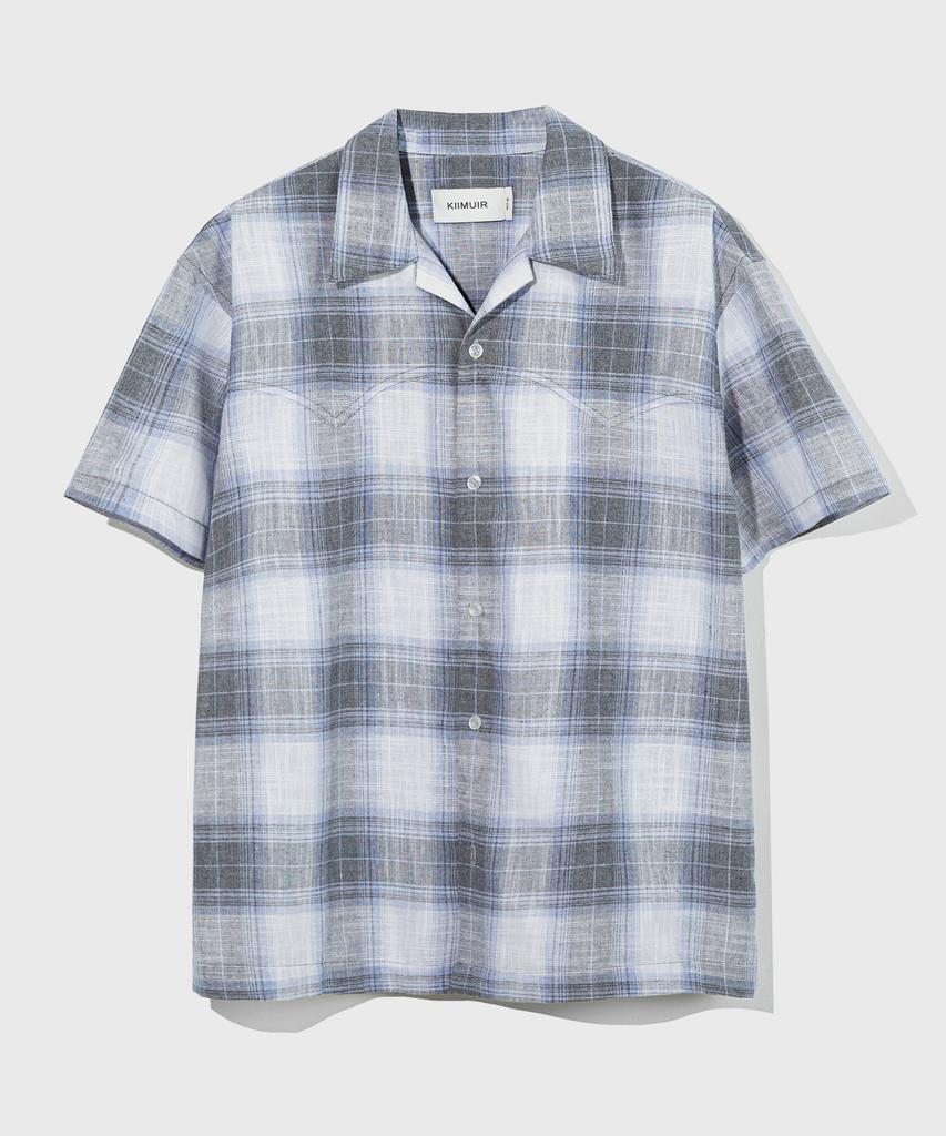 KIIMUIR Linen Check Western Line Short Sleeve Shirt_Blue
