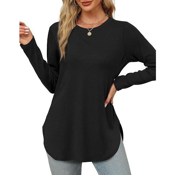 GMXIA Autumn Women's Solid Color Long Sleeve Top Round Neck Loose Casual Base Shirt