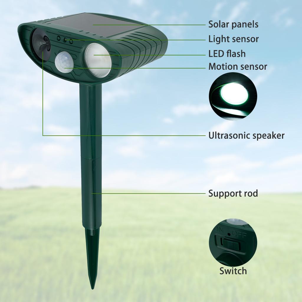 Solar Animal Repellant Ultrasonic Cat Dog Repellant Solar Powered Waterproof Animal Deterrent with 3 Vertical Rod SafetyAA